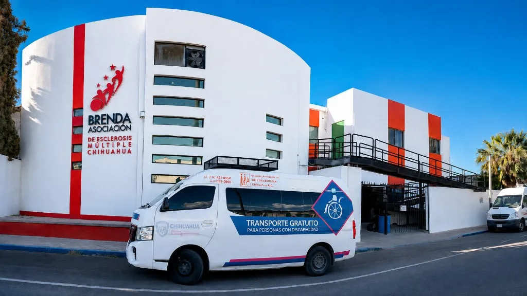 Fachada de la sede de BAEM en Chihuahua con la unidad de transporte gratuito frente al edificio